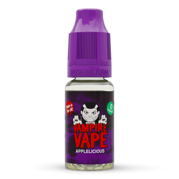 Vampire Vape Applelicious | Vampire Vape Juice | A super sour apple e-liquid which is tangy and sweet. Tart candy taste on inhale and ripe tangy fusion on exhale. Choose from 0mg to 18mg nicotine strength. Multi-pack deals available from www.nicjuice.co.uk