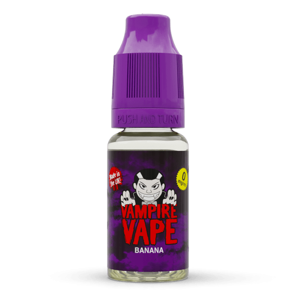 Vampire Vape Banana | Vampire Vape Juice | A smooth and sweet e-liquid reminiscent of those foam banana sweets we all love. Refreshing flavour. Choose from 0mg to 18mg nicotine strength. Multi-pack deals available from www.nicjuice.co.uk