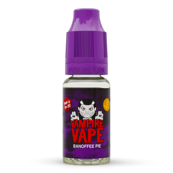 Vampire Vape Banoffee Pie | Vampire Vape Juice | Banoffee Pie e-liquid is a sweet dessert flavoured juice filled with the taste of ripe banana. Choose from 0mg to 18mg nicotine strength. Multi-pack deals available from www.nicjuice.co.uk