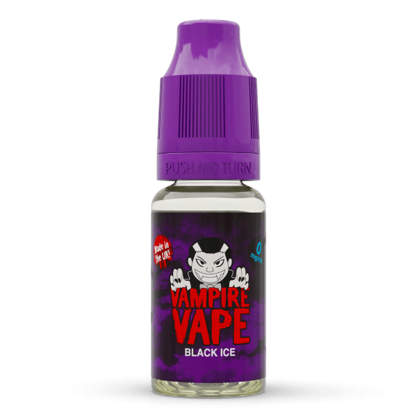 Vampire Vape Black Ice E-Liquid | Vampire Vape Juice | Black Ice is based on the iconic Blackjack sweets. A bold flavoured blend of sweet aniseed with a minty kick. Choose from 0mg to 18mg nicotine strength. Multi-pack deals available from www.nicjuice.co.uk