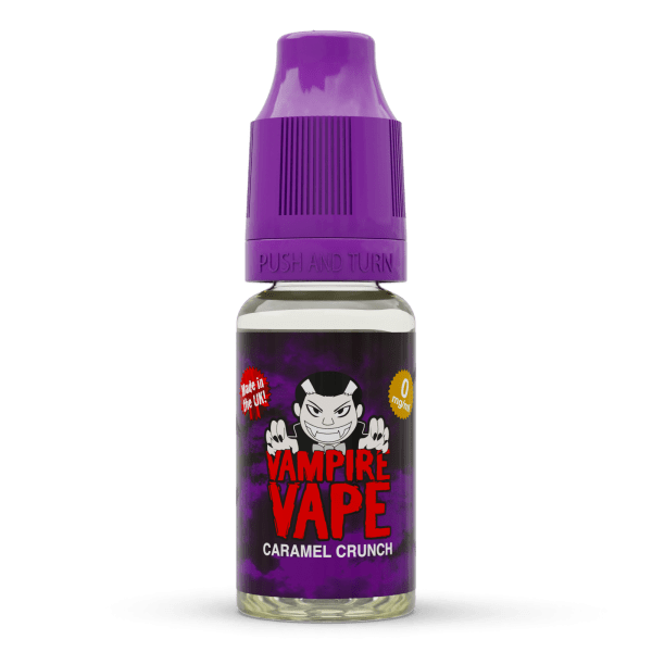 Vampire Vape Caramel Crunch | Vampire Vape Juice | Caramel Crunch is a sweet, buttery e-liquid, perfect for dessert lovers. Creamy toffee and butterscotch flavour, leaving you with a sweetened nutty taste in your mouth. Choose from 0mg to 18mg nicotine strength. Multi-pack deals available from www.nicjuice.co.uk